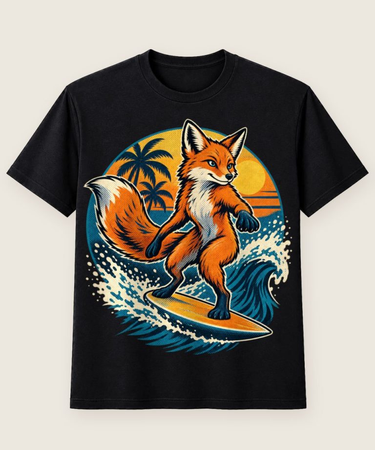 T-Shirt mit Motiv „Surfender Fuchs auf Welle“ – Hobby & Freizeit T-Shirts