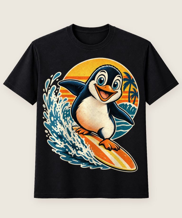T-Shirt mit Motiv „Surfender Pinguin am Strand“ – Hobby & Freizeit T-Shirts