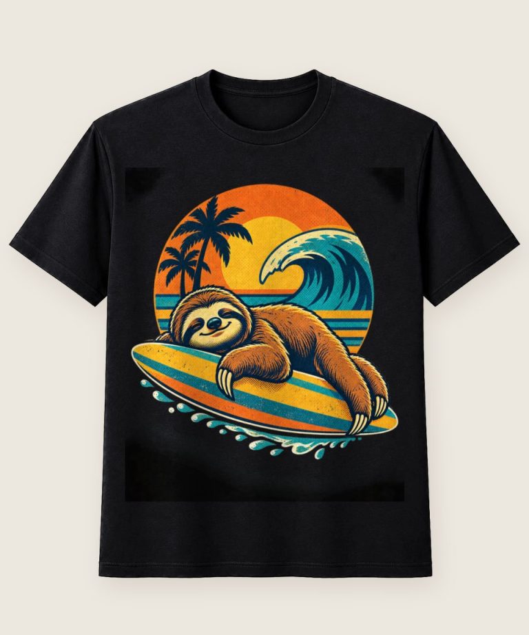 T-Shirt mit Motiv „Surfendes Faultier auf Longboard-Welle“ – Hobby & Freizeit T-Shirts