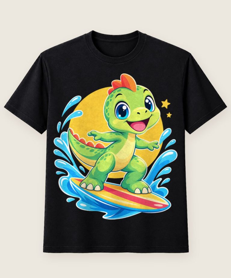 T-Shirt mit Motiv „Surfing Dino Splash Wellenreiter Kids“ – Kinder-T-Shirts