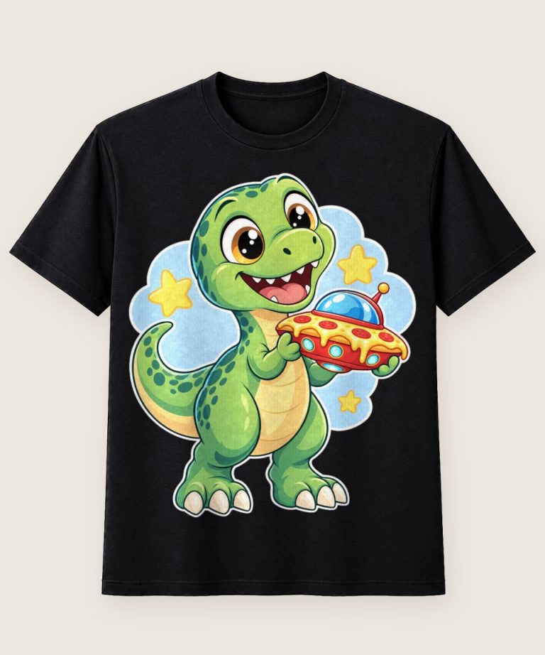 T-Shirt mit Motiv „T-Rex mit fliegender Pizza für Kinder“ – Kinder-T-Shirts