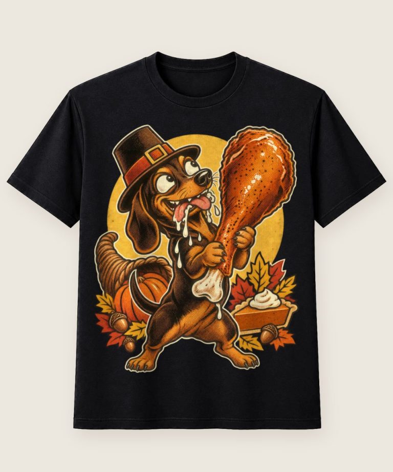 T-Shirt mit Motiv „Thanksgiving Dackel mit Truthahn-Drumstick“ – Thanksgiving T-Shirts