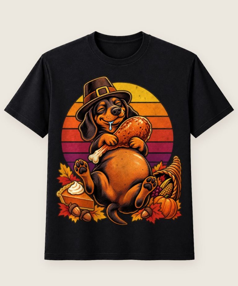 T-Shirt mit Motiv „Thanksgiving Dackel satt im Truthahn-Traum“ – Thanksgiving T-Shirts