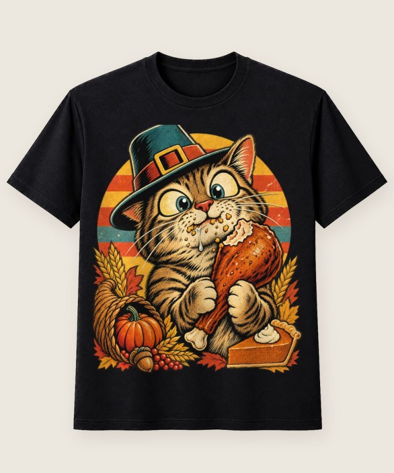 T-Shirt mit Motiv „Thanksgiving-Katze mit erwischtem Truthahn“ – Thanksgiving T-Shirts
