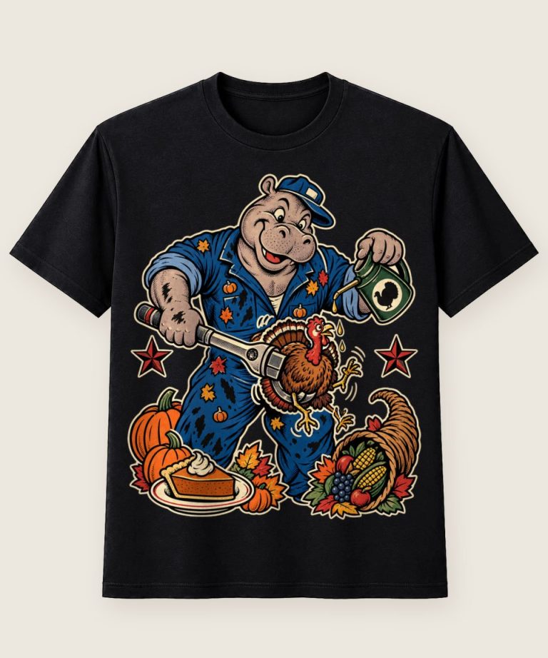 T-Shirt mit Motiv „Thanksgiving Nilpferd-Mechaniker mit Truthahn-Drehmoment“ – Thanksgiving T-Shirts