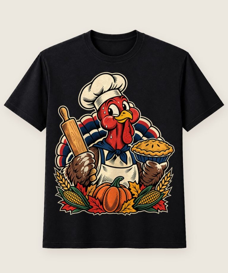 T-Shirt mit Motiv „Thanksgiving Truthahn Bäcker mit Kürbis-Pie“ – Thanksgiving T-Shirts