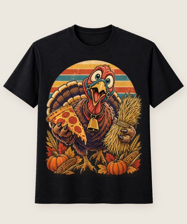 T-Shirt mit Motiv „Thanksgiving-Truthahn tauscht Heu gegen Pizza“ – Thanksgiving T-Shirts