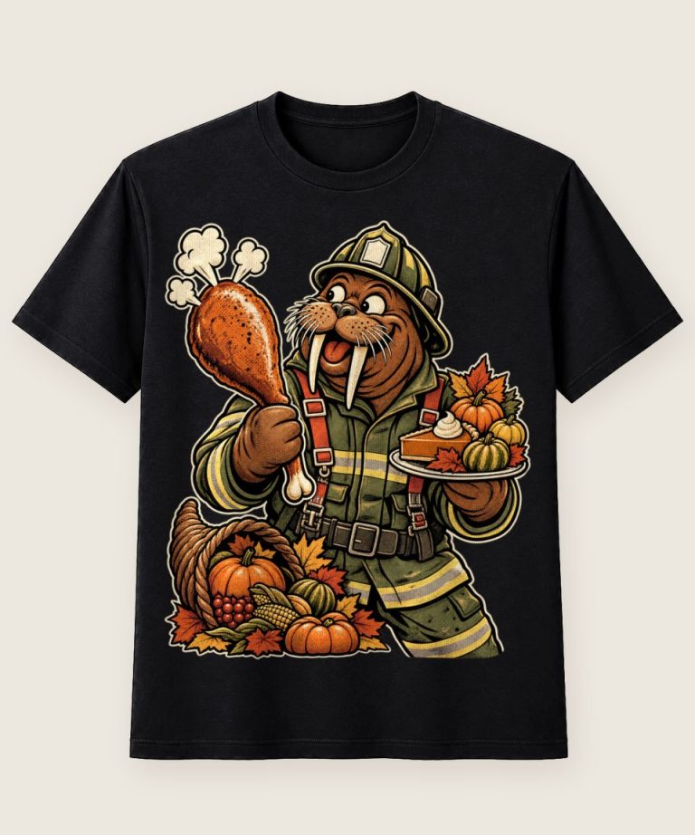 T-Shirt mit Motiv „Thanksgiving Walross Feuerwehr Fress-Einsatz“ – Thanksgiving T-Shirts