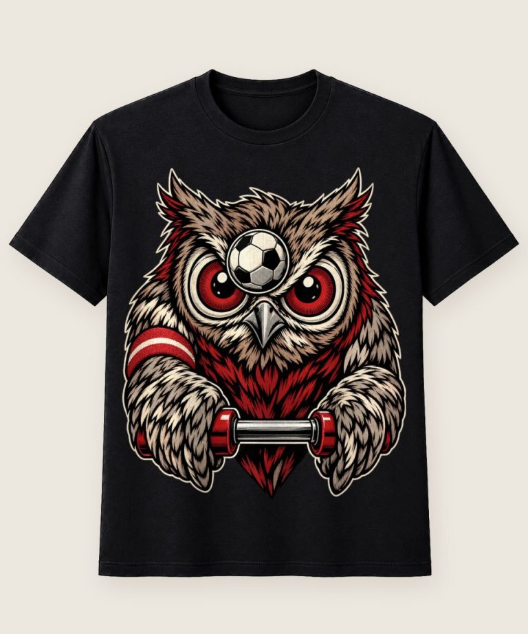 T-Shirt mit Motiv „Tischkicker Eule am Griff im Fokus“ – Hobby & Freizeit T-Shirts