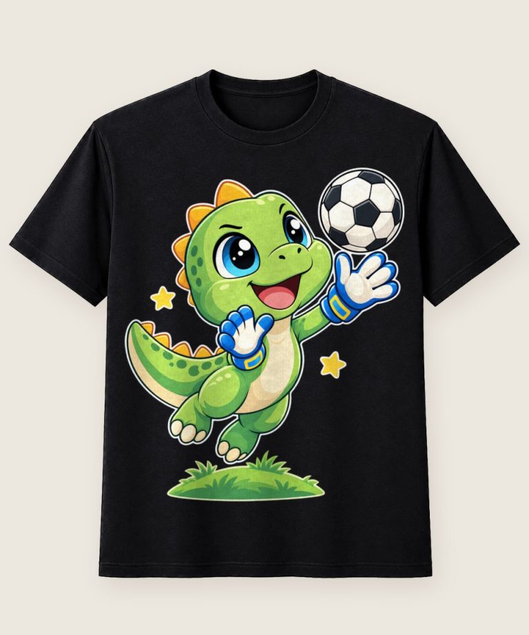 T-Shirt mit Motiv „Torwart-Dino faengt Fußball für Kinder“ – Kinder-T-Shirts