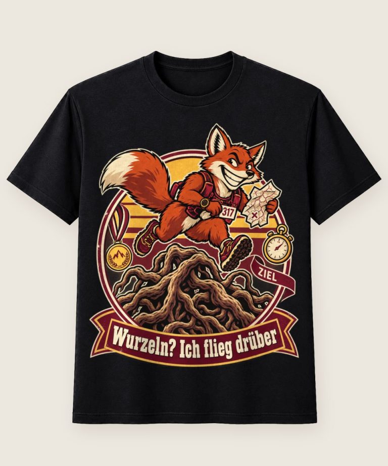 T-Shirt mit Motiv „Trailrunning Fuchs fliegt über Wurzeln“ – Hobby & Freizeit T-Shirts