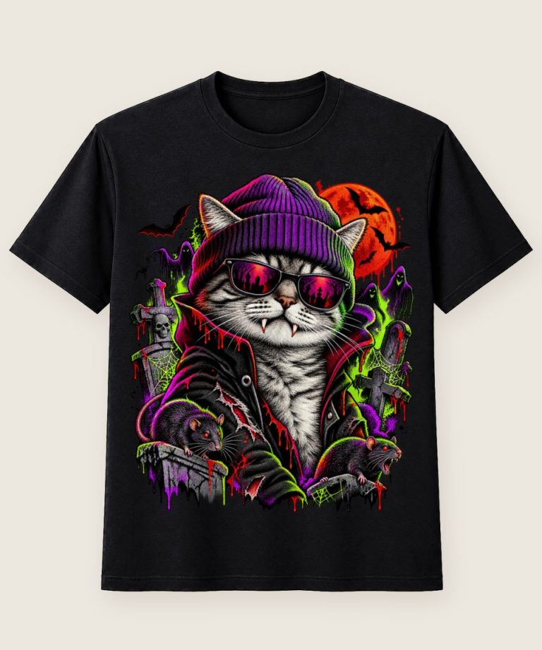 T-Shirt mit Motiv „Vampirkatze Im Neon-Friedhof“ – Halloween T-Shirts