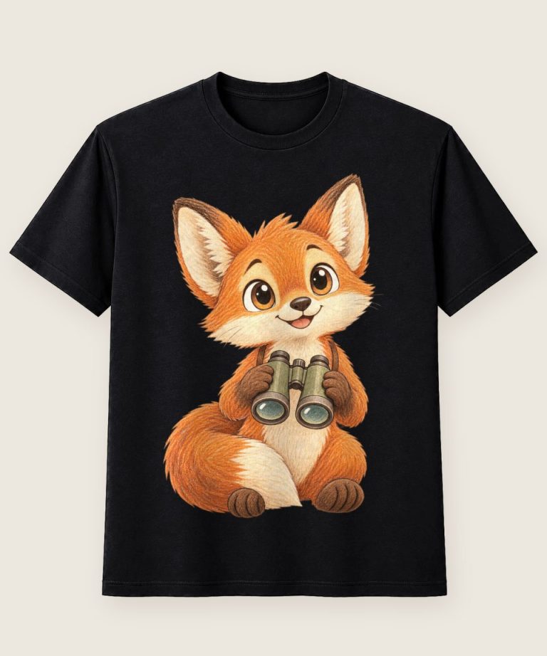 T-Shirt mit Motiv „Wald-Fuchs mit Fernglas neugierig abenteuerlustig“ – Kinder-T-Shirts