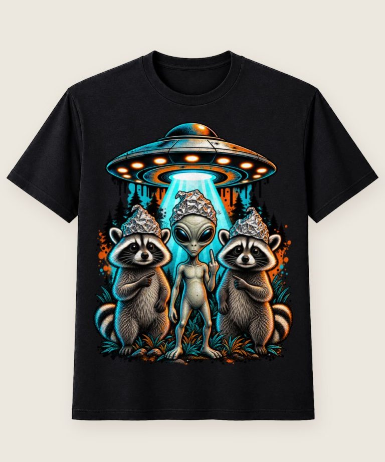 T-Shirt mit Motiv „Waschbär Raccoon - Alien Ufo Aluhut Bande“ – Waschbär-Shirts