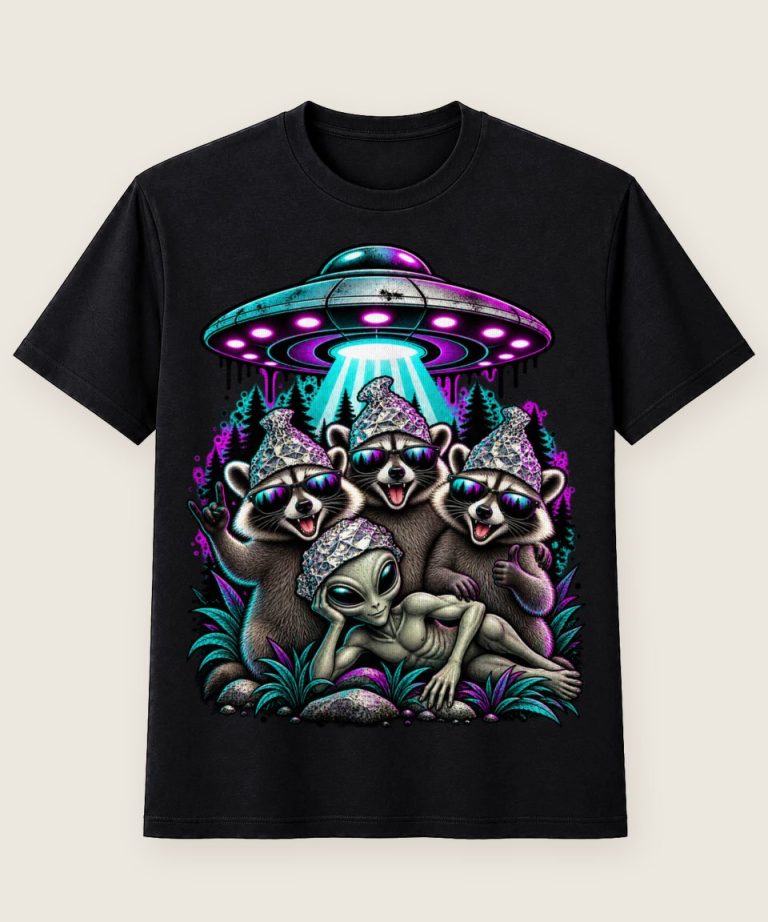 T-Shirt mit Motiv „Waschbär Raccoon - Alien Ufo Aluhut Sonnenbrille“ – Waschbär-Shirts