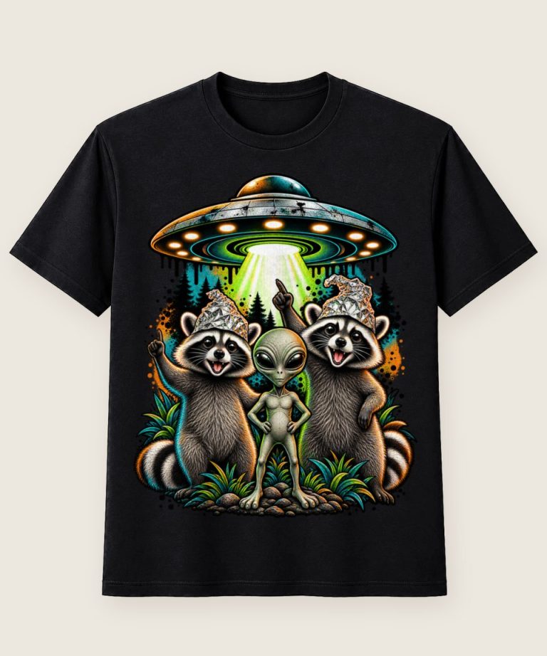 T-Shirt mit Motiv „Waschbär Raccoon - Alien Ufo Aluhut Truppe“ – Waschbär-Shirts
