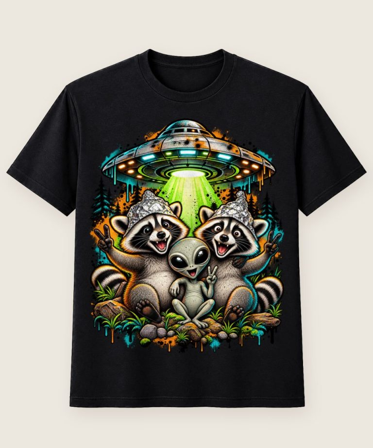 T-Shirt mit Motiv „Waschbär Raccoon - Alien Ufo Aluhut Victory“ – Waschbär-Shirts