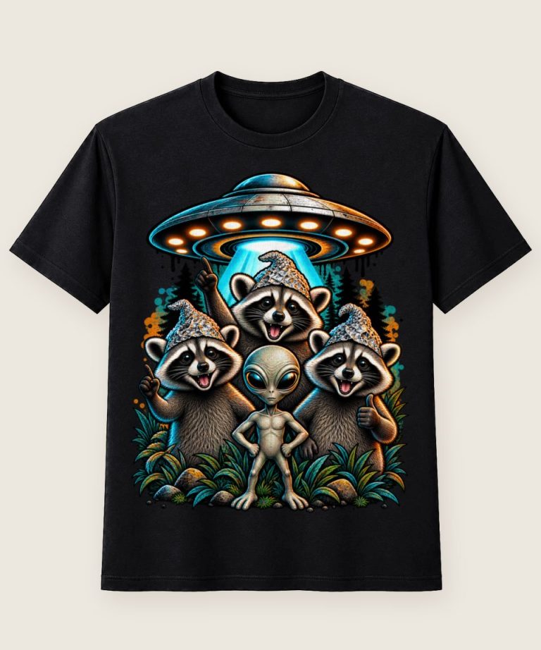 T-Shirt mit Motiv „Waschbär Raccoon - Alien Ufo Aluhut Wald“ – Waschbär-Shirts