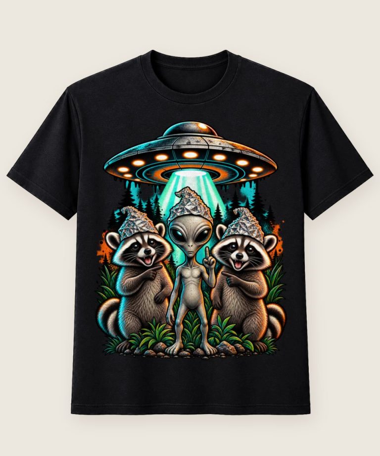 T-Shirt mit Motiv „Waschbär Raccoon - Alien Ufo Aluhut Wald Retro“ – Waschbär-Shirts