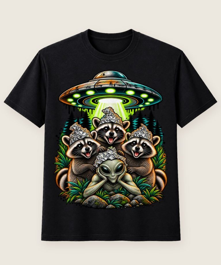 T-Shirt mit Motiv „Waschbär Raccoon - Alien Ufo Aluhut Waldbande“ – Waschbär-Shirts