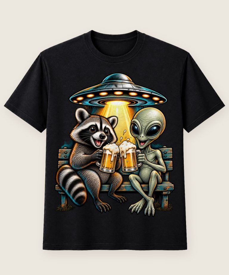 T-Shirt mit Motiv „Waschbär Raccoon - Alien Ufo Bierbank Kult“ – Waschbär-Shirts