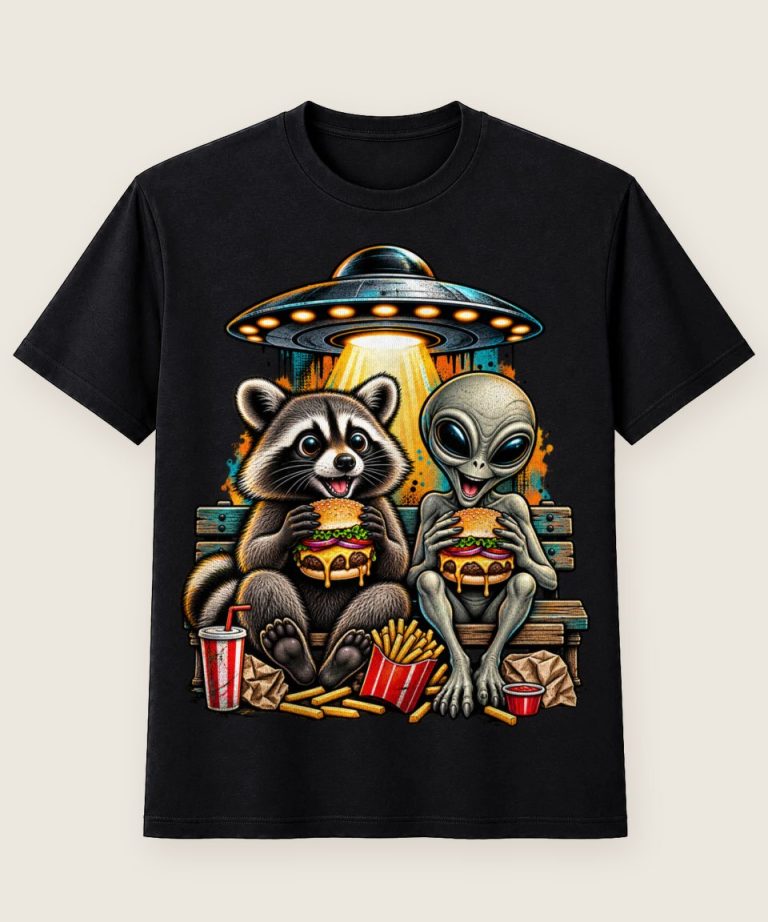 T-Shirt mit Motiv „Waschbär Raccoon - Alien Ufo Burger Fastfood“ – Waschbär-Shirts