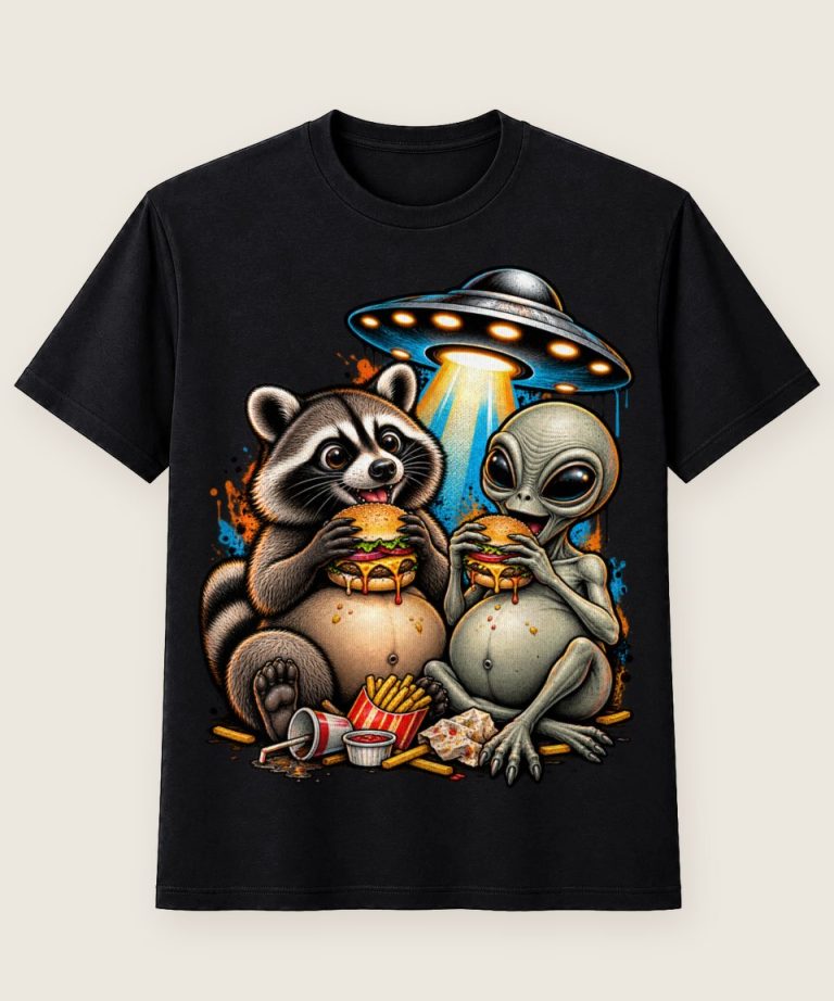 T-Shirt mit Motiv „Waschbär Raccoon - Alien Ufo Burger Lustig“ – Waschbär-Shirts