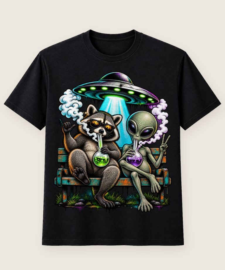 T-Shirt mit Motiv „Waschbär Raccoon - Alien Ufo Chillout Bank“ – Waschbär-Shirts