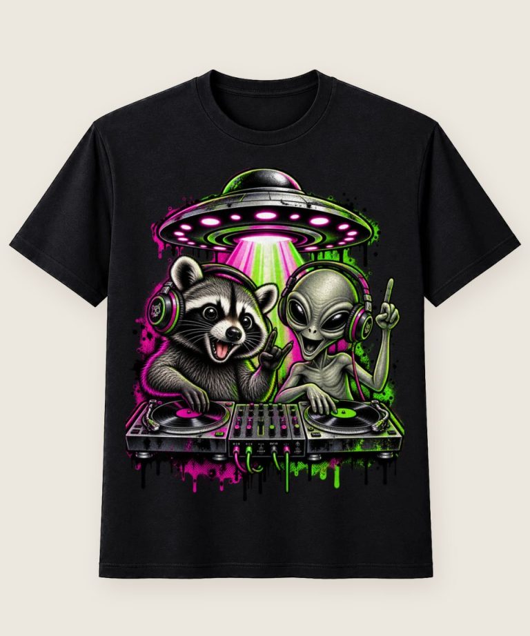 T-Shirt mit Motiv „Waschbär Raccoon - Alien Ufo DJ Party Kult“ – Waschbär-Shirts