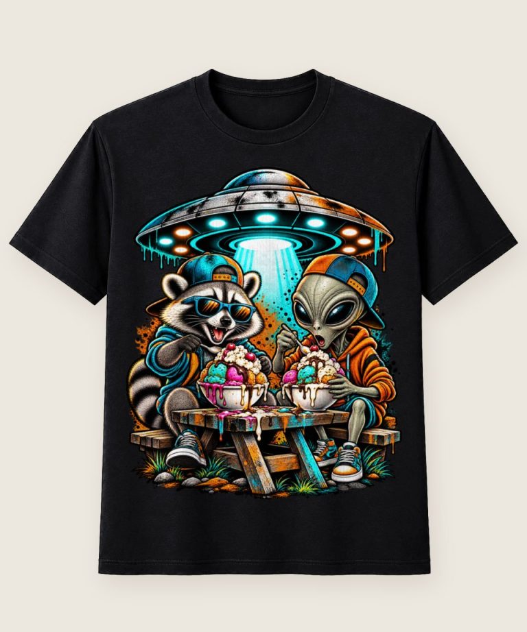 T-Shirt mit Motiv „Waschbär Raccoon - Alien Ufo Eiscreme Bank“ – Waschbär-Shirts
