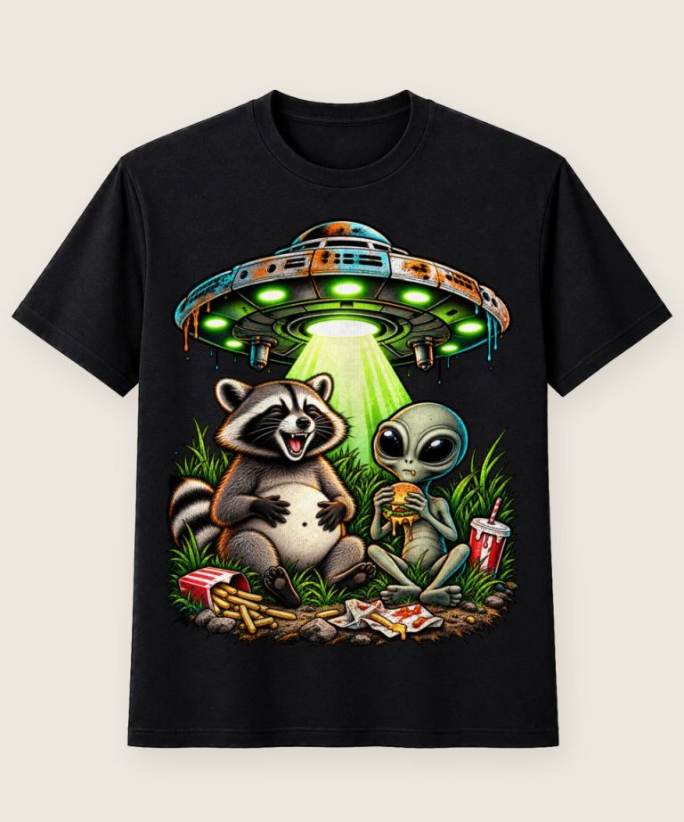 T-Shirt mit Motiv „Waschbär Raccoon - Alien Ufo Fastfood Picknick“ – Waschbär-Shirts