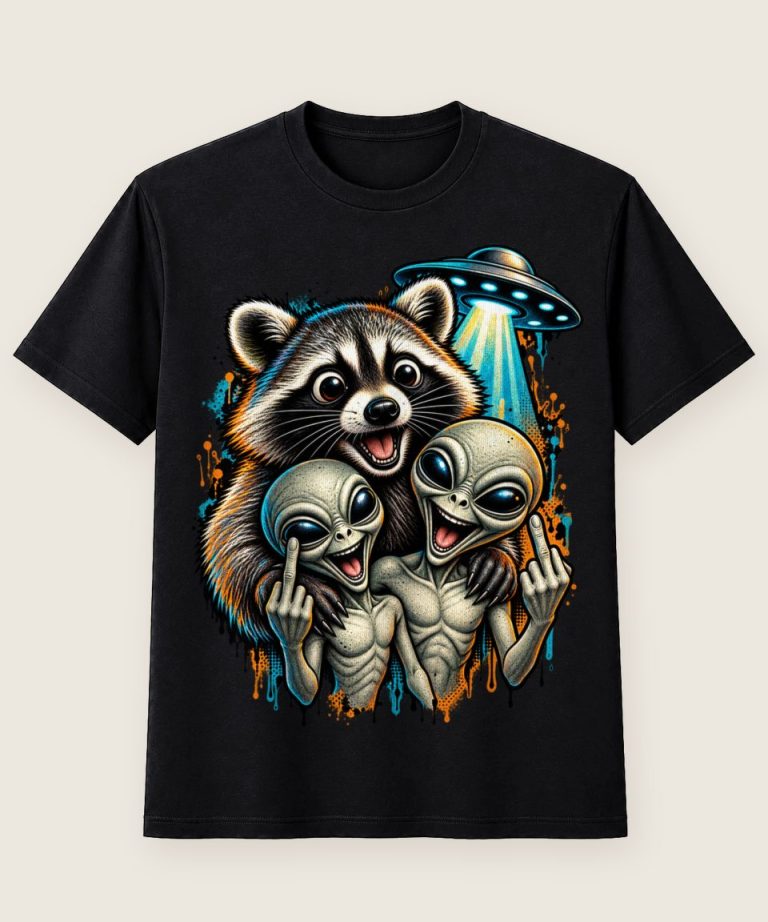 T-Shirt mit Motiv „Waschbär Raccoon - Alien Ufo freche Freunde“ – Waschbär-Shirts