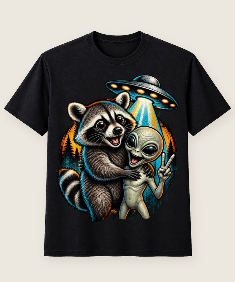 T-Shirt mit Motiv „Waschbär Raccoon - Alien Ufo Freundschaft Retro“ – Waschbär-Shirts