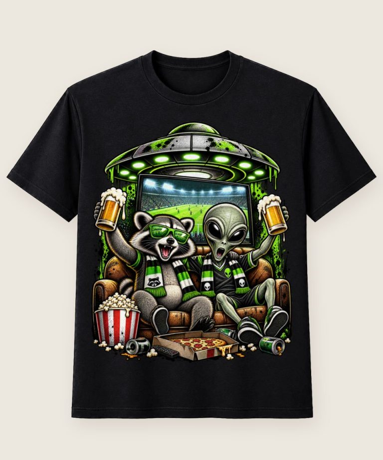 T-Shirt mit Motiv „Waschbär Raccoon - Alien Ufo Fußballfan Sofa“ – Waschbär-Shirts