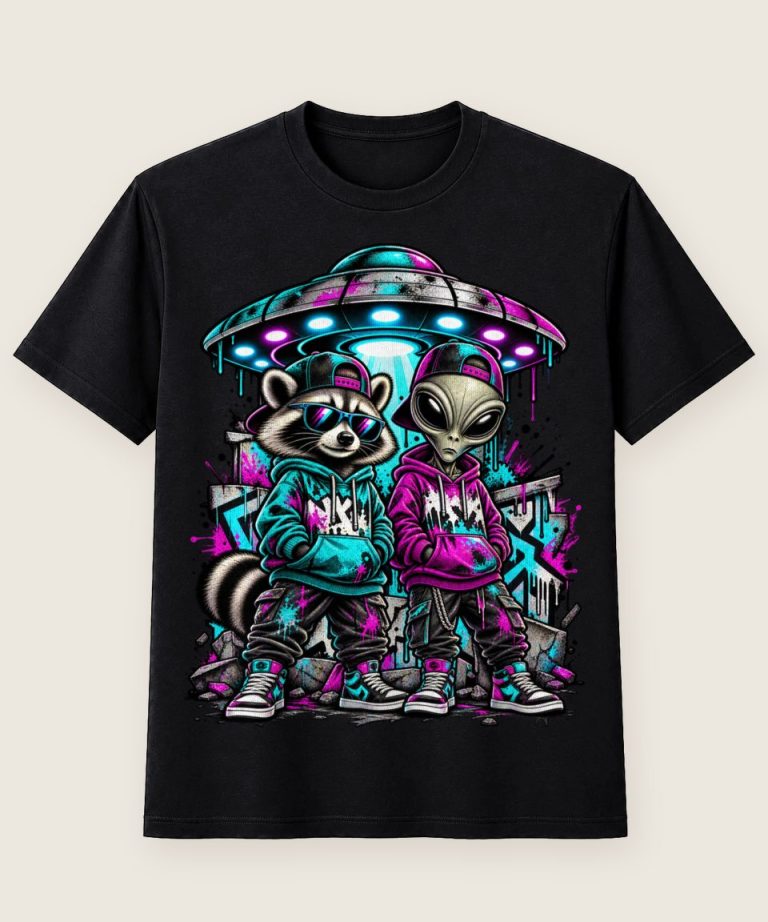 T-Shirt mit Motiv „Waschbär Raccoon - Alien Ufo Graffiti“ – Waschbär-Shirts