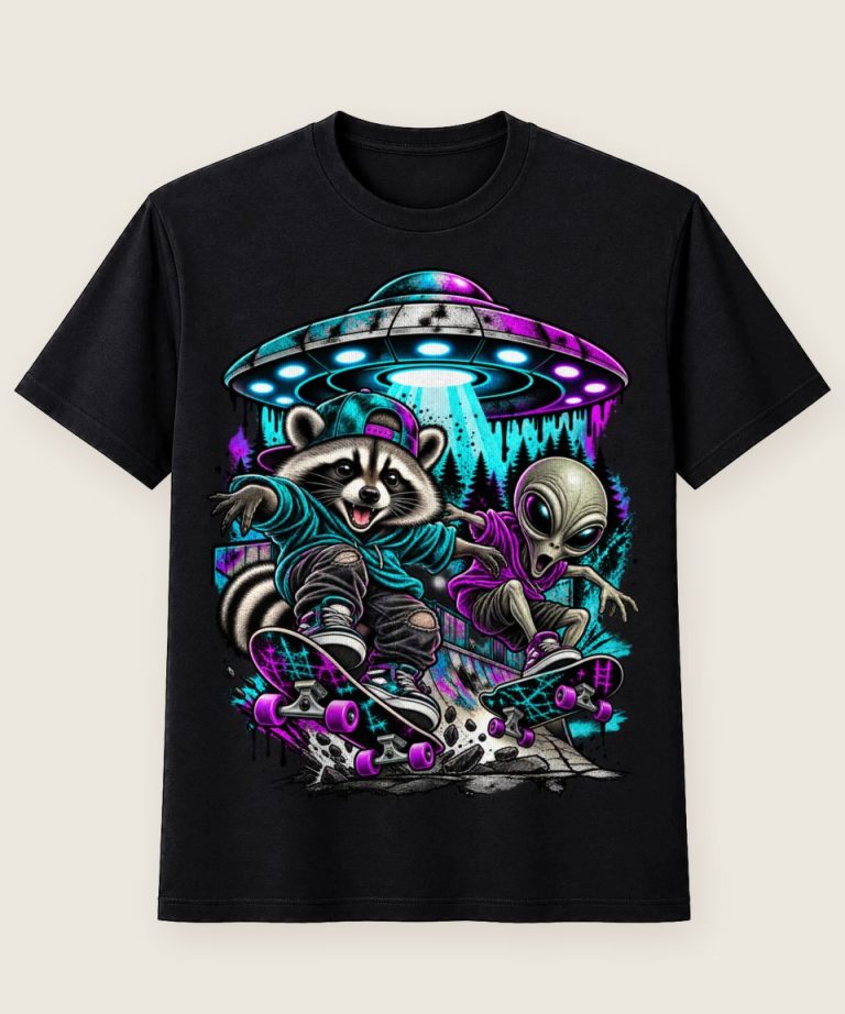 T-Shirt mit Motiv „Waschbär Raccoon - Alien Ufo Halfpipe Skater“ – Waschbär-Shirts