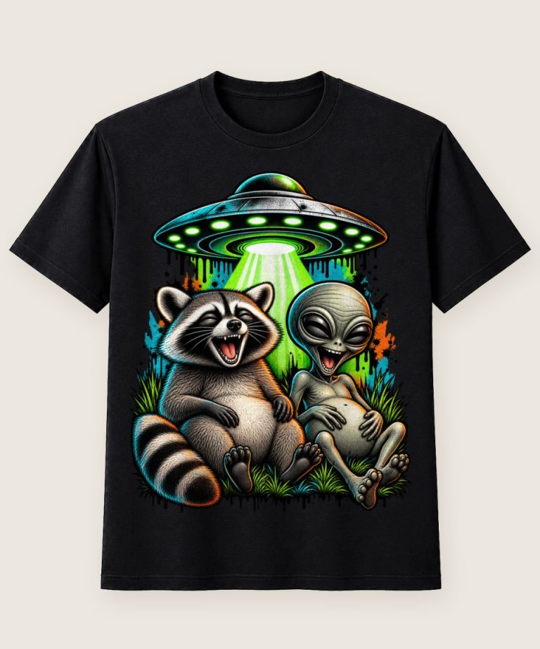 T-Shirt mit Motiv „Waschbär Raccoon - Alien Ufo lachende Kumpel“ – Waschbär-Shirts
