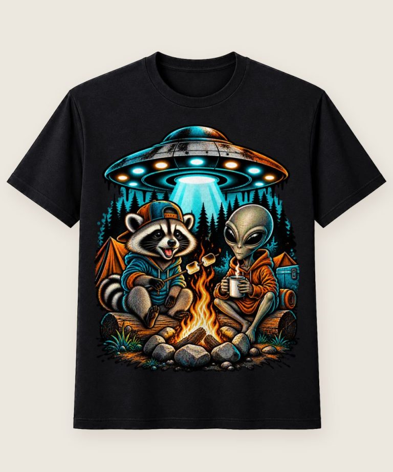 T-Shirt mit Motiv „Waschbär Raccoon - Alien Ufo Lagerfeuer Kult“ – Waschbär-Shirts