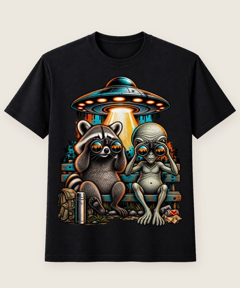 T-Shirt mit Motiv „Waschbär Raccoon - Alien Ufo Parkbank Retro“ – Waschbär-Shirts