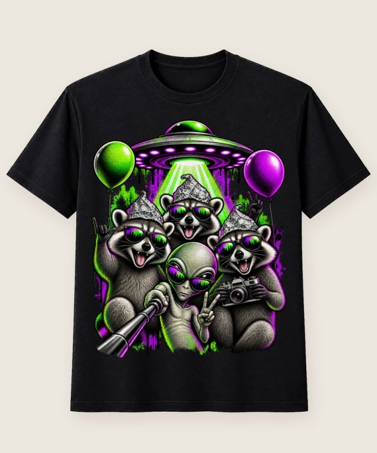 T-Shirt mit Motiv „Waschbär Raccoon - Alien Ufo Partyballons“ – Waschbär-Shirts