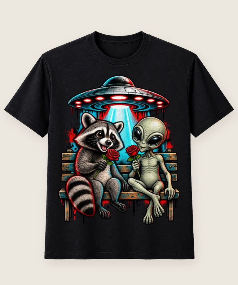 T-Shirt mit Motiv „Waschbär Raccoon - Alien Ufo Rosen Bank Kult“ – Waschbär-Shirts