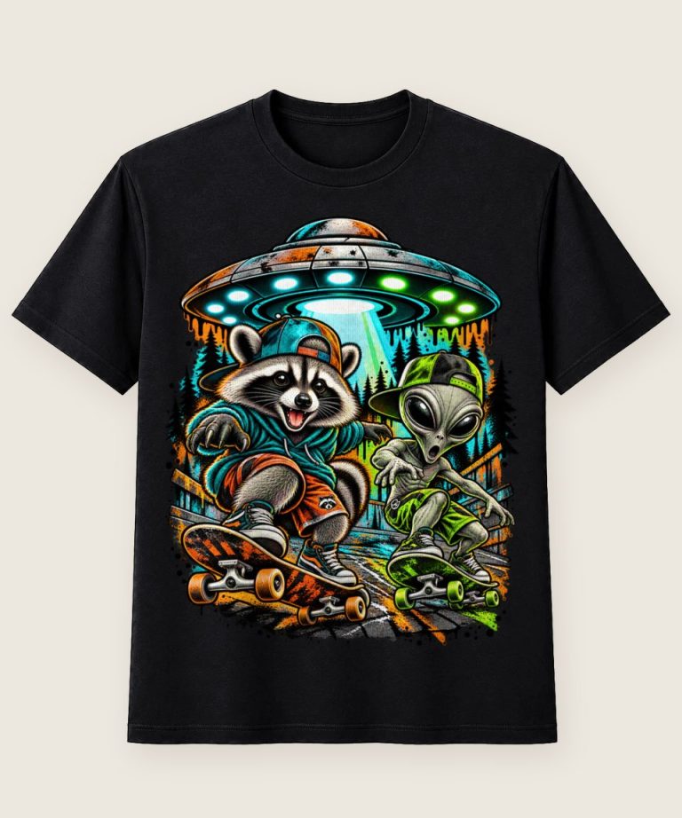 T-Shirt mit Motiv „Waschbär Raccoon - Alien Ufo Skateboard Streetwear“ – Waschbär-Shirts