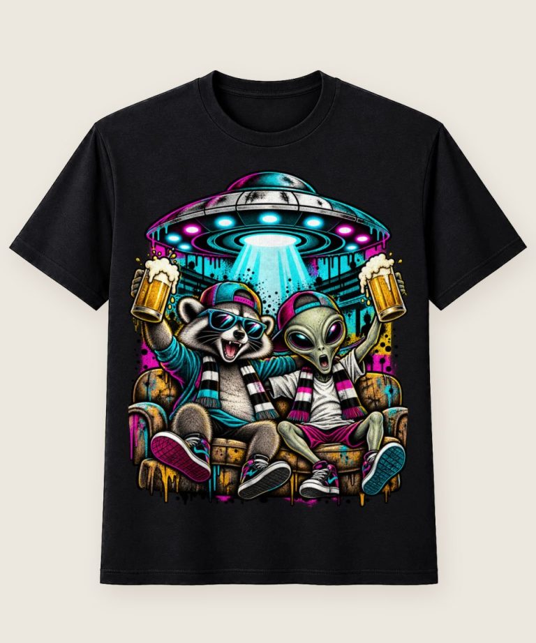 T-Shirt mit Motiv „Waschbär Raccoon - Alien Ufo Sofa Bierparty“ – Waschbär-Shirts