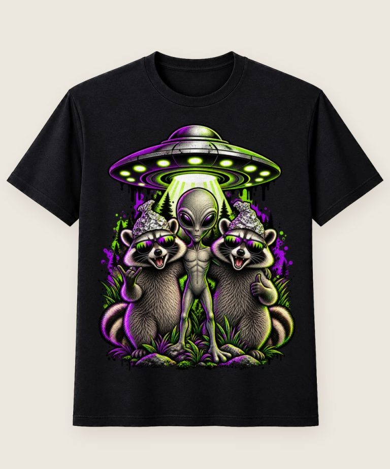 T-Shirt mit Motiv „Waschbär Raccoon - Alien Ufo Sonnenbrille Kult“ – Waschbär-Shirts