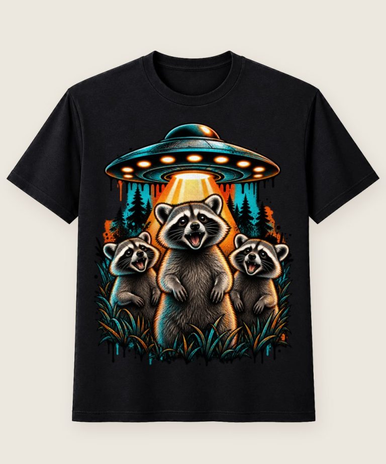 T-Shirt mit Motiv „Waschbär Raccoon - Alien Ufo staunende Familie“ – Waschbär-Shirts