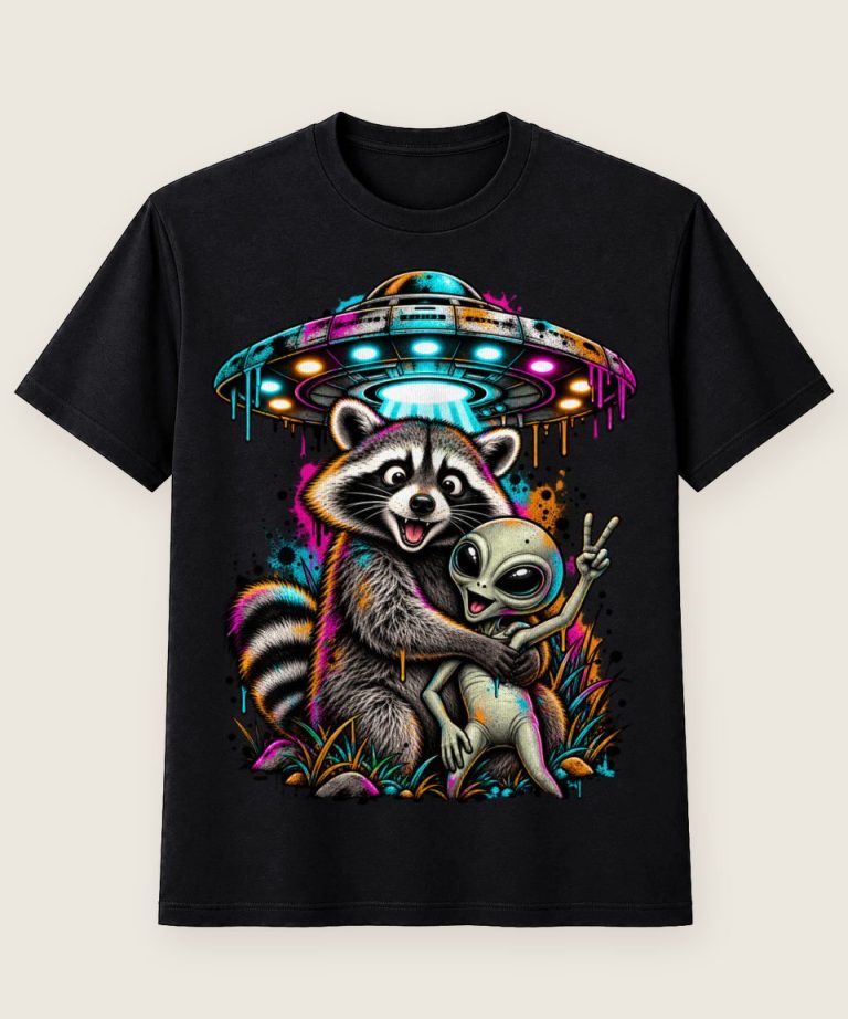 T-Shirt mit Motiv „Waschbär Raccoon - Alien Ufo Umarmung“ – Waschbär-Shirts