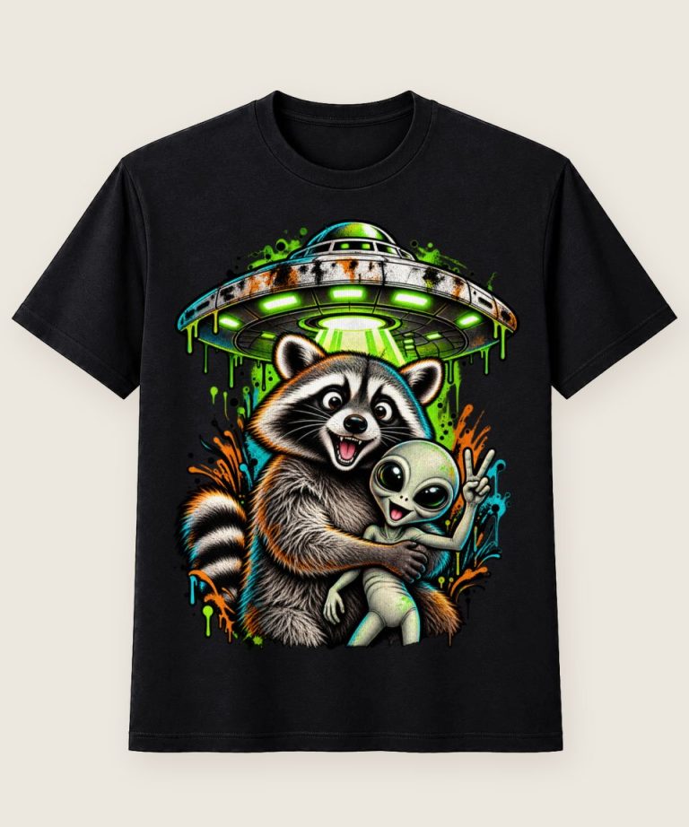 T-Shirt mit Motiv „Waschbär Raccoon - Alien Ufo Umarmung Kult“ – Waschbär-Shirts