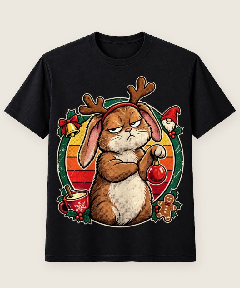 T-Shirt mit Motiv „Weihnachten Mopsiger Hase Genervt Retro“ – Weihnachts-T-Shirts