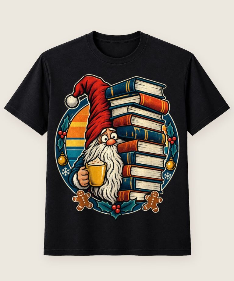 T-Shirt mit Motiv „Weihnachtsgnom unter Bücherstapel Christmas“ – Weihnachts-T-Shirts
