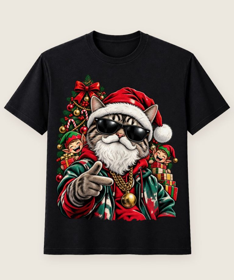T-Shirt mit Motiv „Weihnachtskater als cooler Santa“ – Weihnachts-T-Shirts